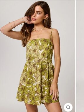 Floral Square-Neck Mini Dress in Olive Green